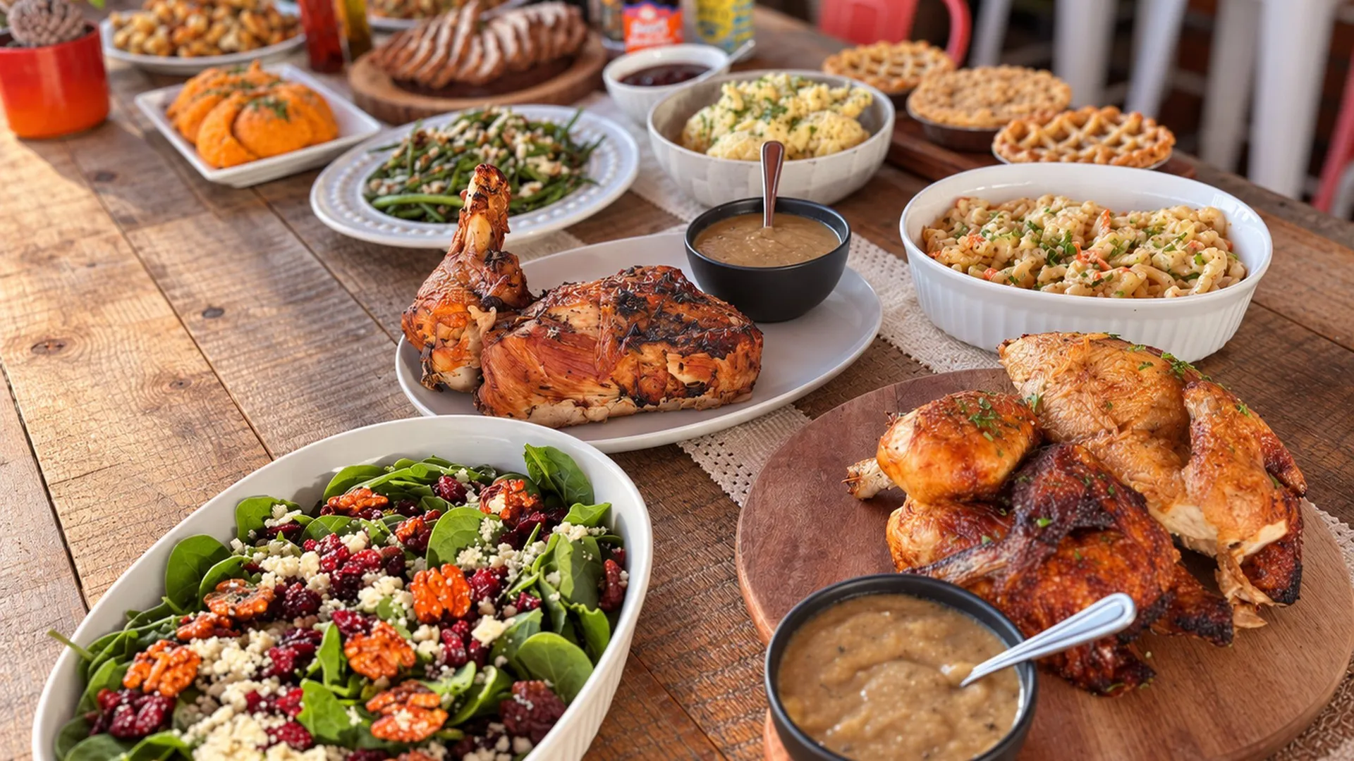 Whole herb-roasted chicken on a holiday table with mashed potatoes, macaroni and cheese, roasted vegetables, stuffing, and cranberry sauce