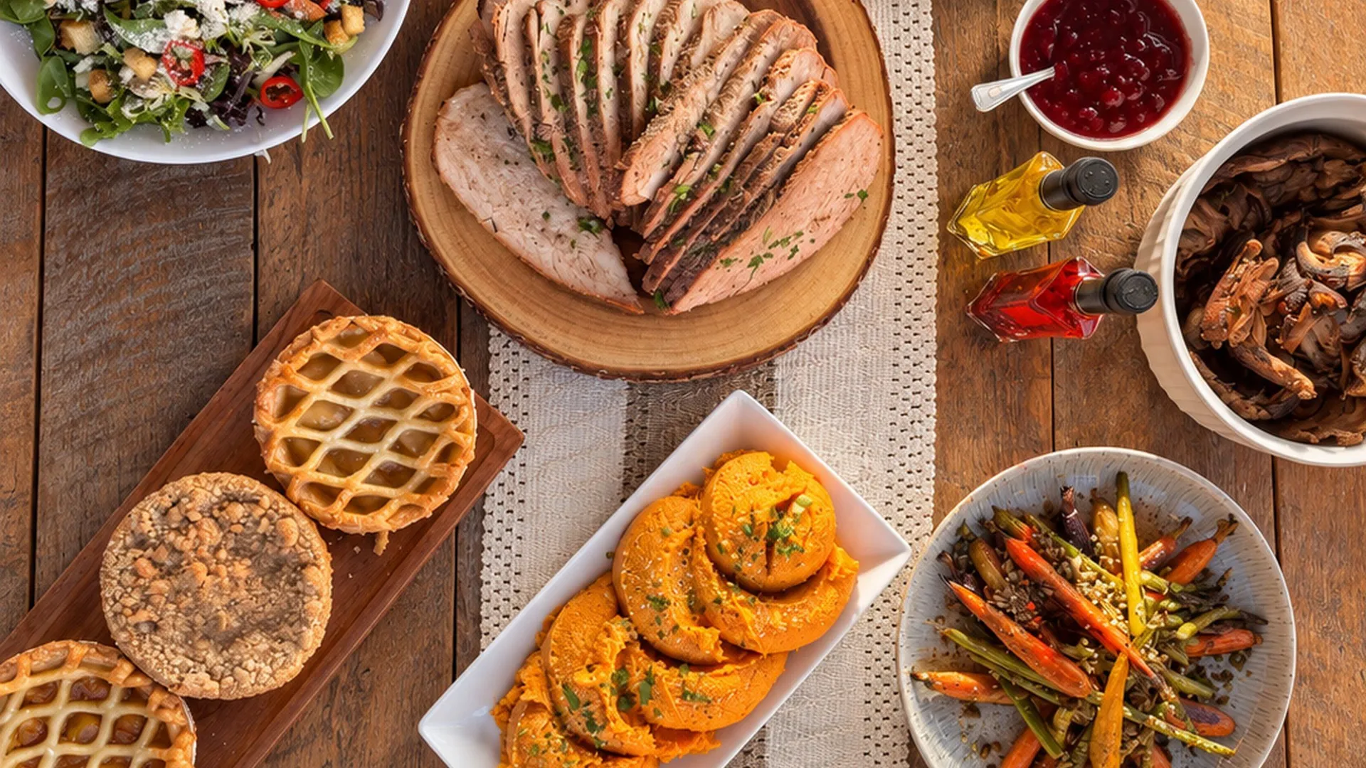 Sliced herb-roasted turkey breast with gravy, cranberry sauce, roasted vegetables, mashed potatoes, macaroni and cheese, stuffing, and a green salad